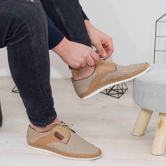 Imagine Pantofi casual bărbați piele naturală 690 perforat Bej