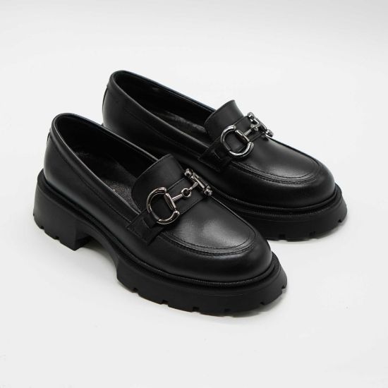 Imagine  Mocasini damă negri cu talpă groasă din piele naturală 132