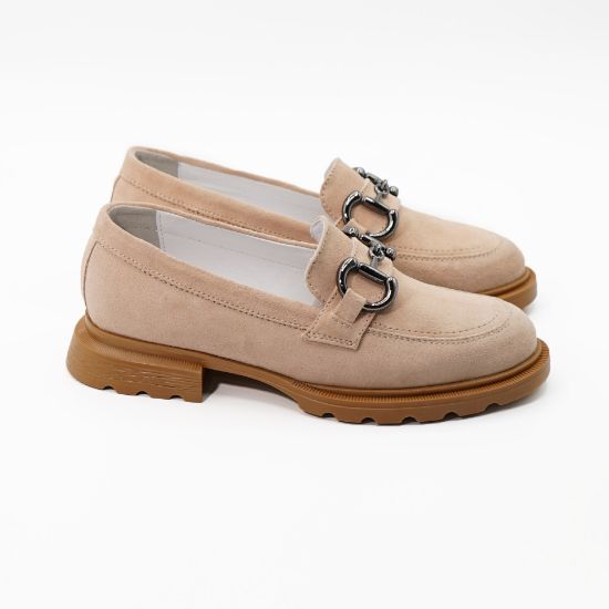 Imagine Mocasini damă din piele naturală întoarsă culoare roz pudră 130