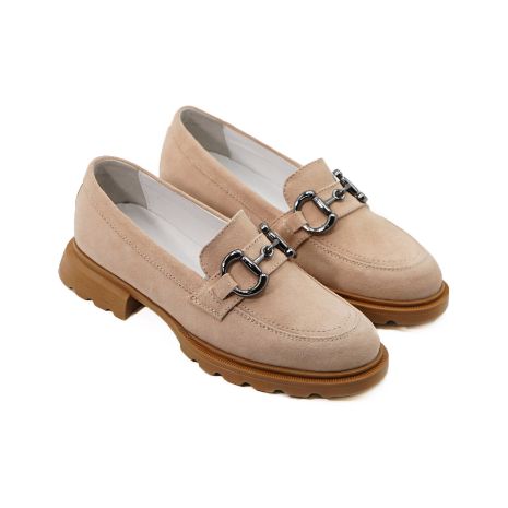 Imagine Mocasini damă din piele naturală întoarsă culoare roz pudră 130